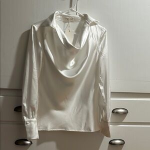 NWT Crimmense White Satin Cowl Neck Blouse.  Fabric covered buttons on sleeves